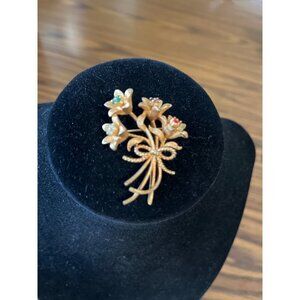 Mylu signed brushed gold tone rhinestone flower bouquet brooch vintage